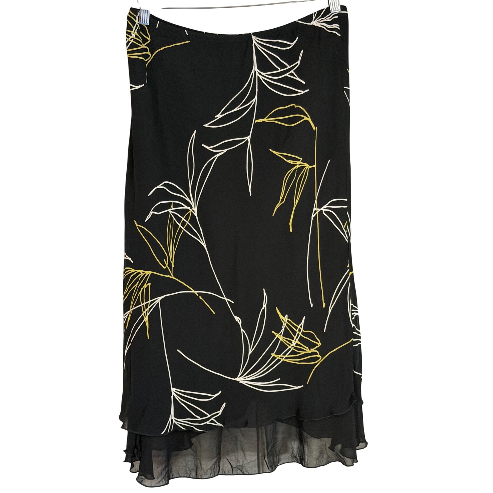 Black Floral Midi Skirt Size L Layered Hem Boho Chic Fairy Minimalist Art Flowy — image 3 of 8